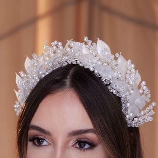 Crystal Pearl  Hair Band with Resin Leaves - Glamourous Grace