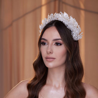 Crystal Pearl  Hair Band with Resin Leaves - Glamourous Grace