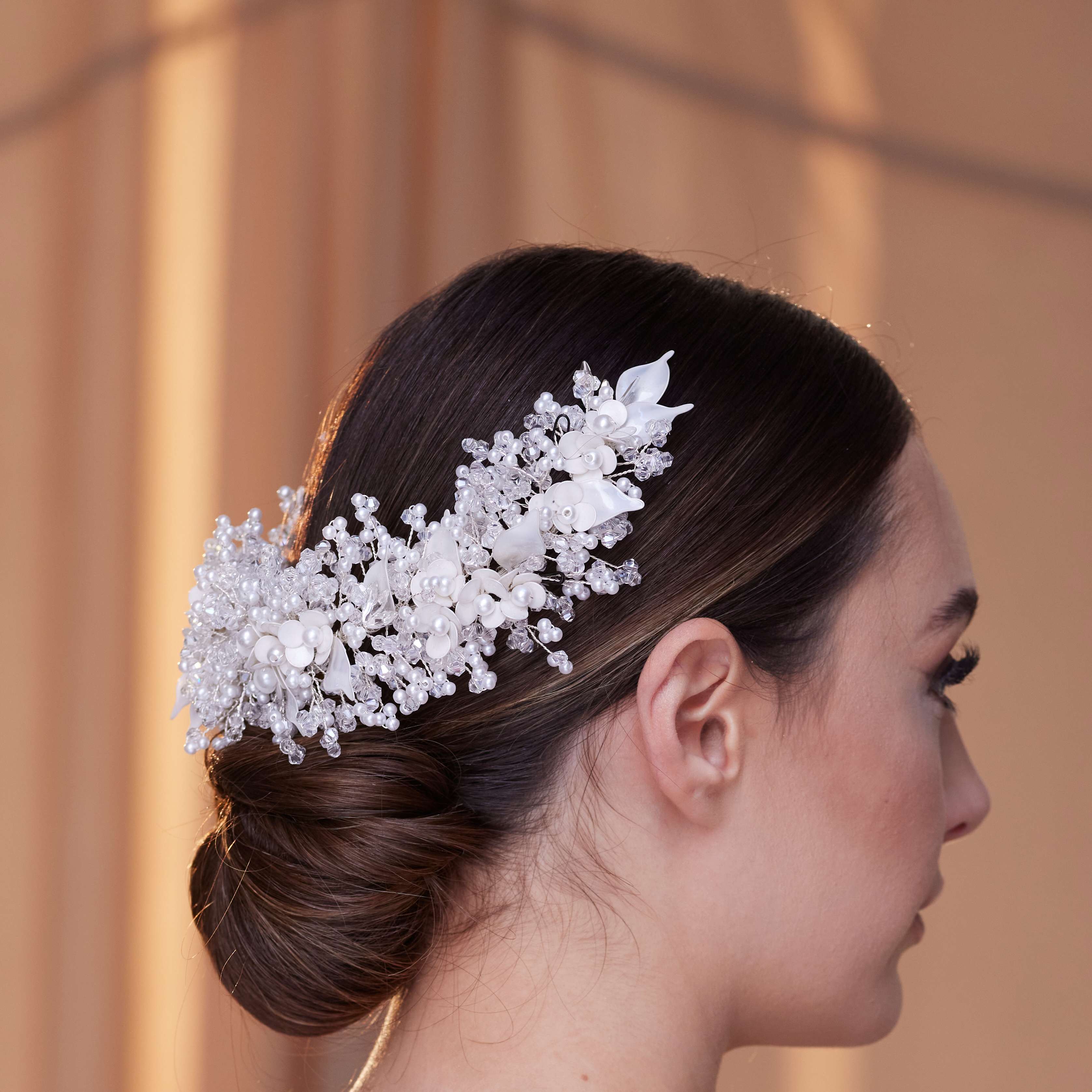 Exquisite Bridal Headpiece with Resin Flowers, Pearls, and Crystal Beads - Glamourous Grace