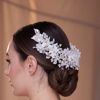 Exquisite Bridal Headpiece with Resin Flowers, Pearls, and Crystal Beads - Glamourous Grace