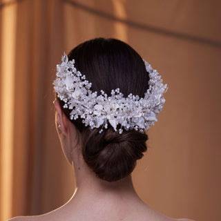 Exquisite Bridal Headpiece with Resin Flowers, Pearls, and Crystal Beads - Glamourous Grace