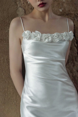 Vintage Rose-Trimmed Satin Slip Wedding Dress with Spaghetti Straps - Glamourous Grace