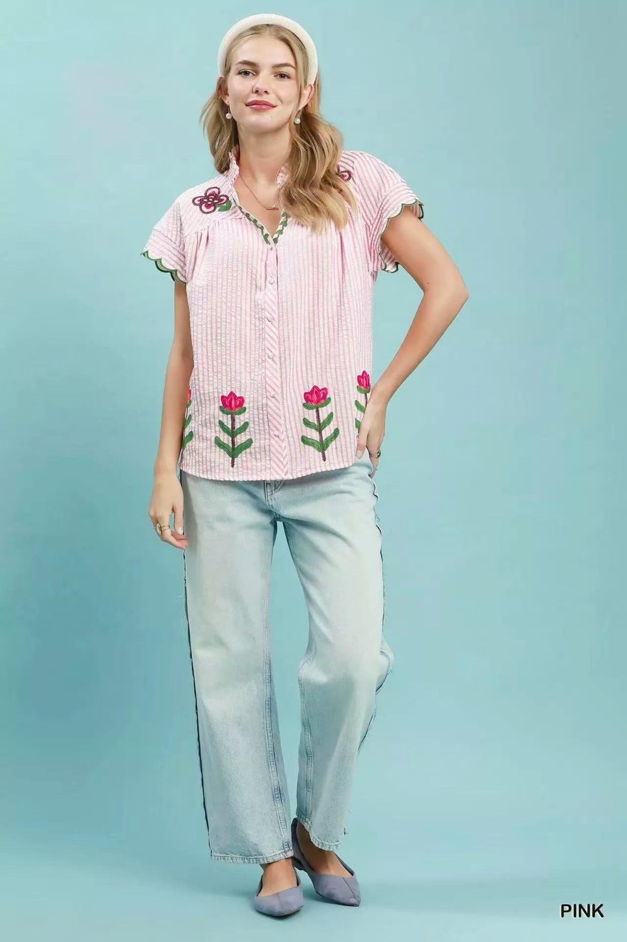 Umgee Embroidered Stripe Button Front Top - Glamourous Grace