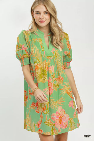 Umgee Botanical Print Dress with Smocked Cuffs - Glamourous Grace