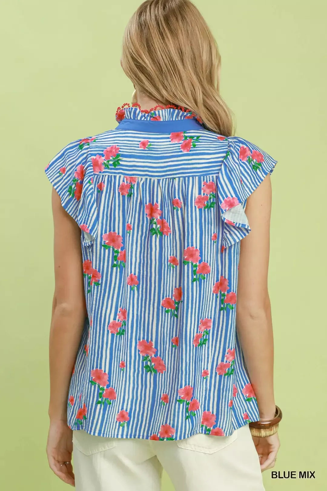 Umgee Striped Floral Ruffle Sleeve Top with Contrast Trim - Glamourous Grace