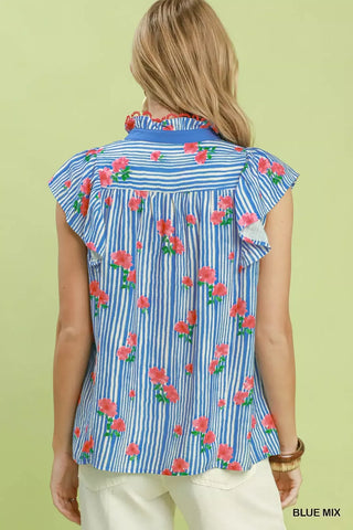 Umgee Striped Floral Ruffle Sleeve Top with Contrast Trim - Glamourous Grace