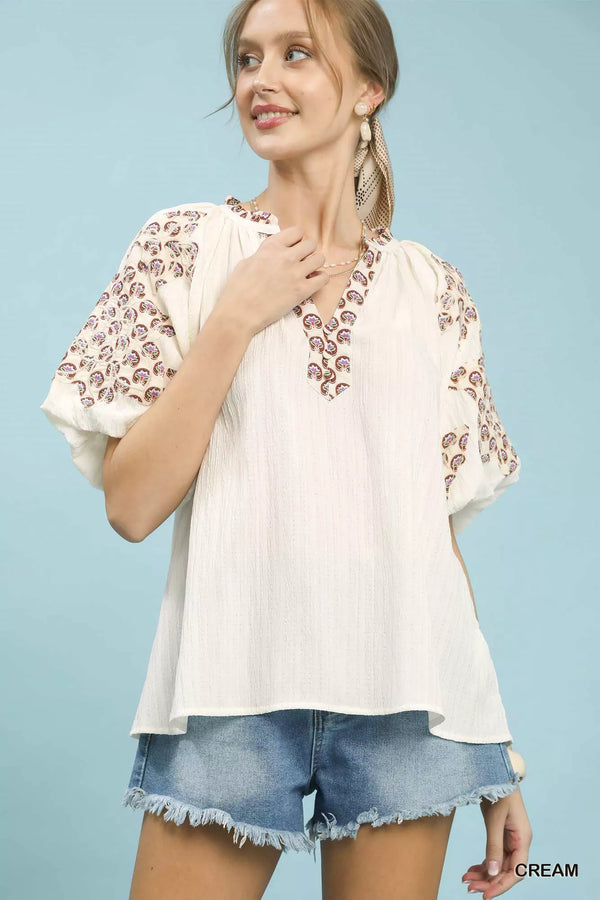 Umgee Embroidered Sleeve Contrast Trim Top - Glamourous Grace