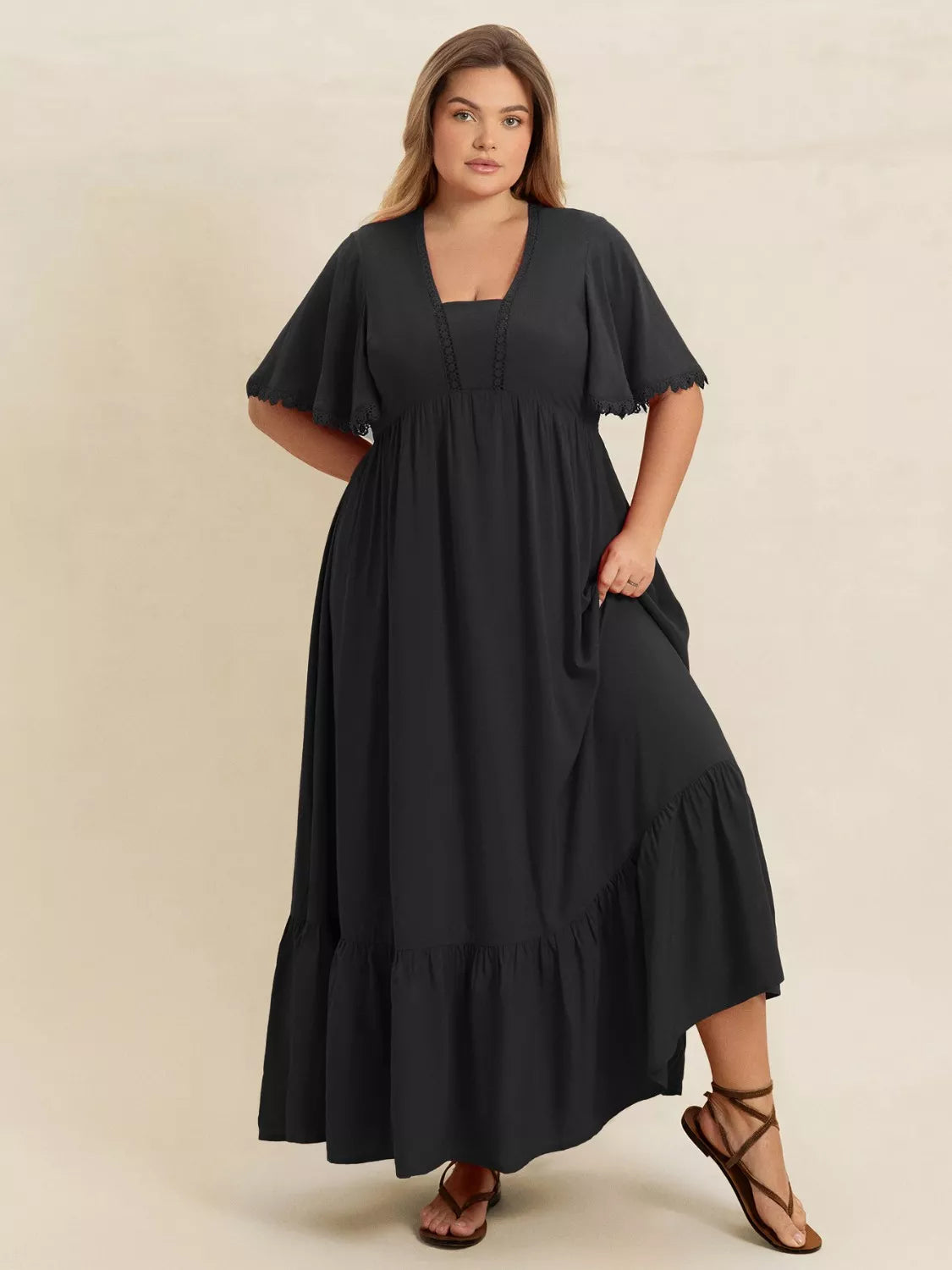 Plus Size Boho Ruffled Maxi Dress with Flutter Sleeves - Glamourous Grace