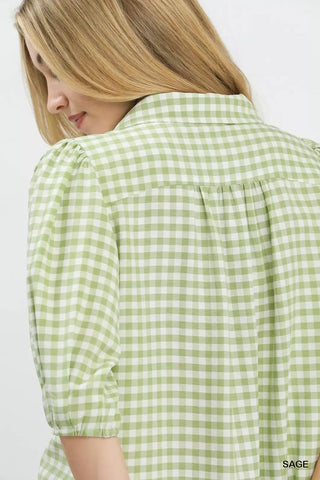 Umgee Gingham Puff Sleeve Collared Blouse in Sage - Glamourous Grace