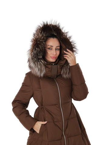 Genuine Silver Fox Fur Trim Down Coat