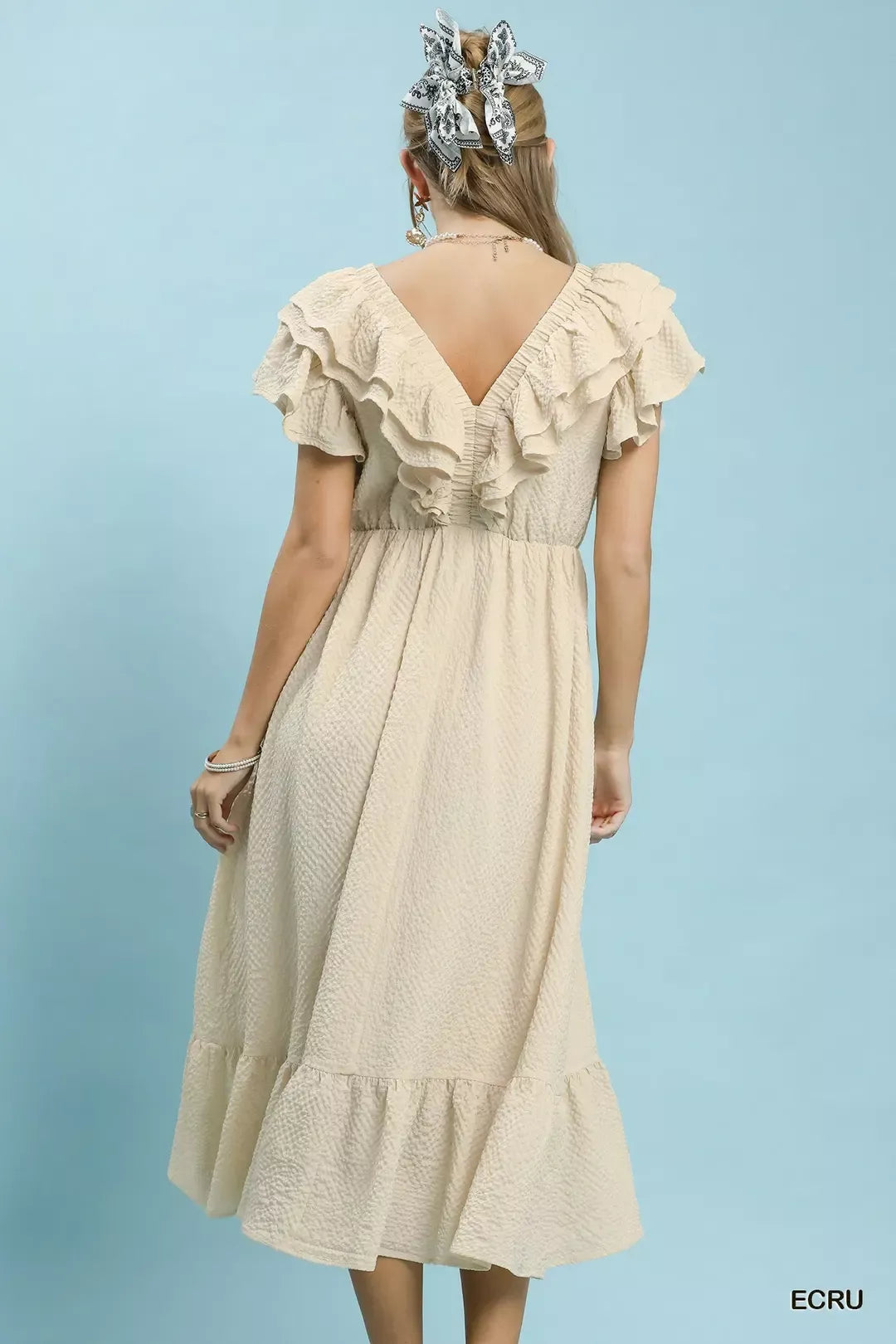 Umgee Textured Ruffle Midi Dress in Ecru - Glamourous Grace