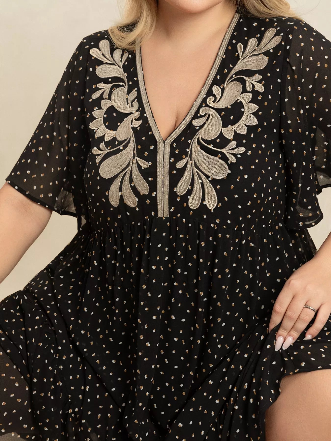 Plus Size Printed V-Neck Flutter Sleeve Maxi Dress - Glamourous Grace