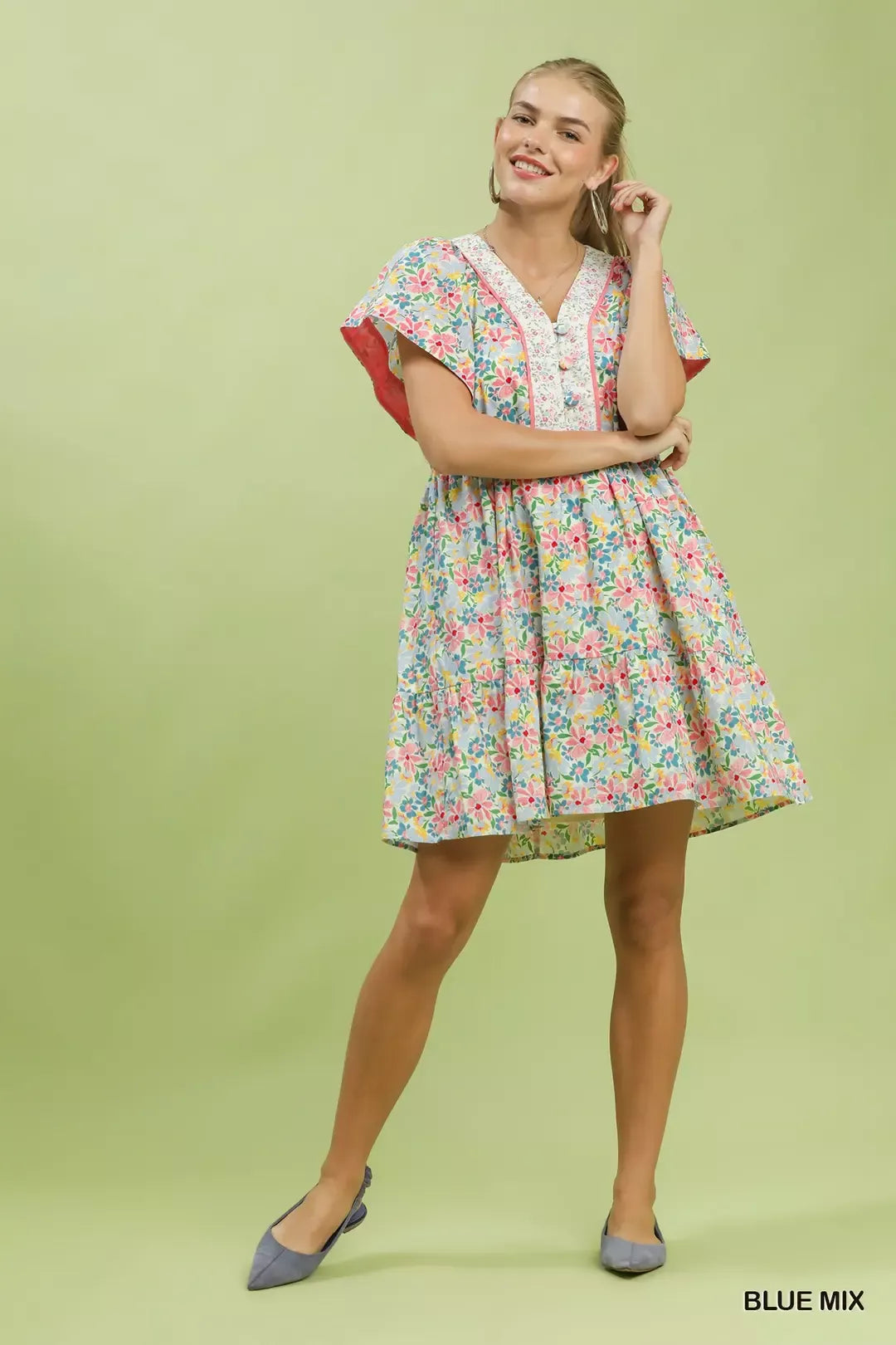 Umgee Mix Floral Tiered Mini Dress with Side Pockets - Glamourous Grace