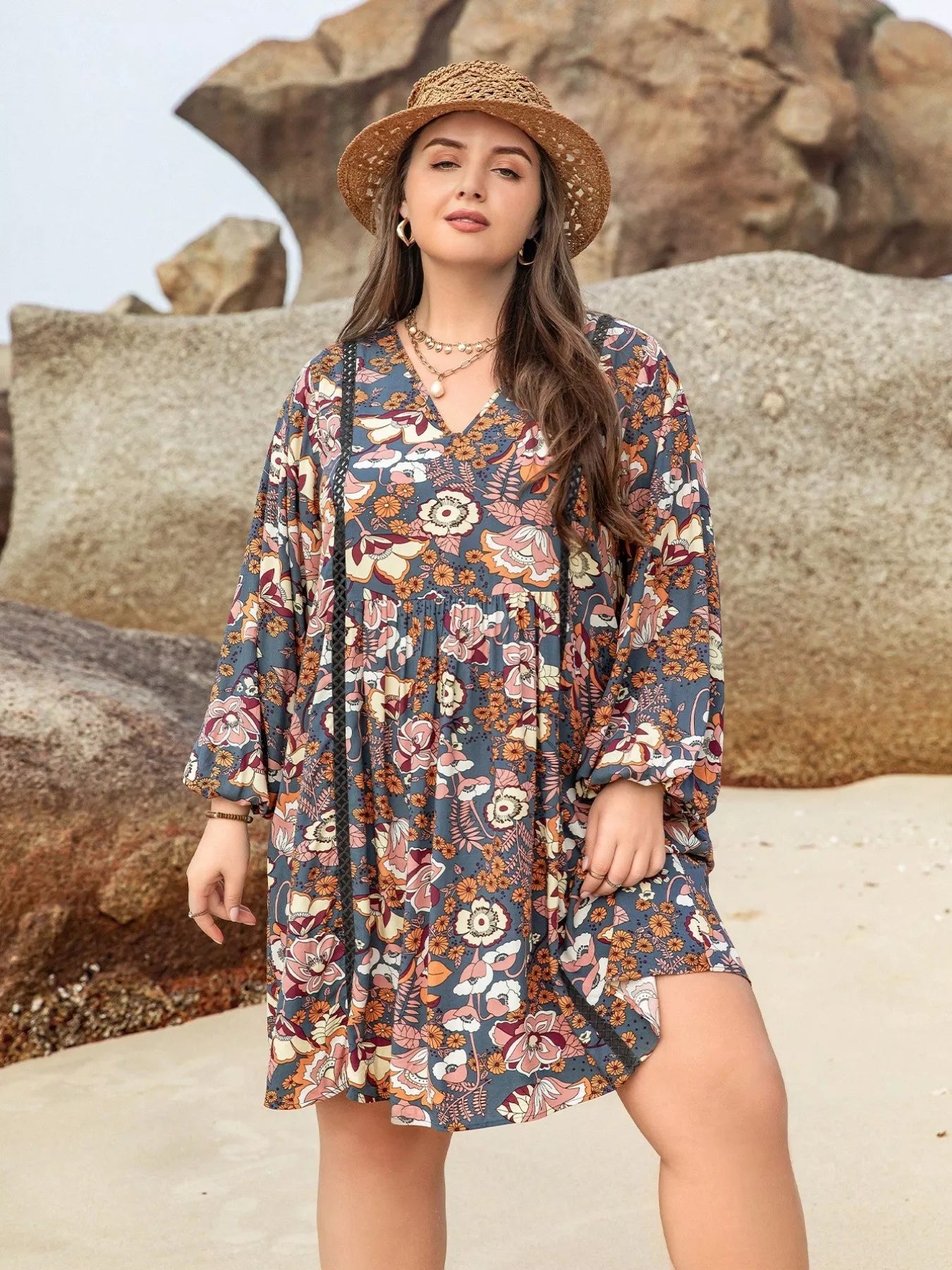 Plus Size Floral Print Long Sleeve Mini Dress - Glamourous Grace