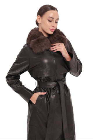 Genuine Leather Polar Fox Trim Coat