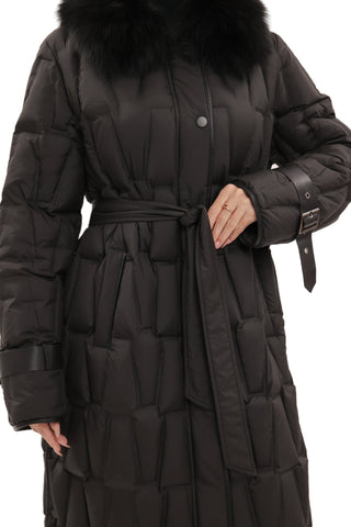 Riley Genuine Fur Trim Down Fill Coat in Black