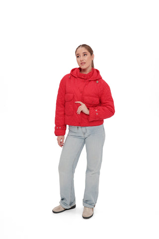 Studded Light Demi-Season Hooded Cropped Jacket in Red