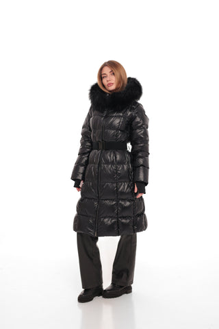 Cyrus Genuine Fur Trim Down Fill Coat in Black
