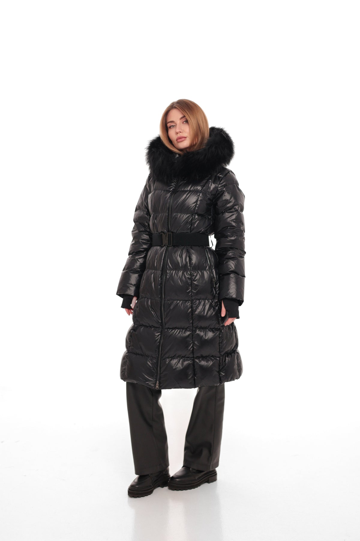 Cyrus Genuine Fur Trim Down Fill Coat in Black