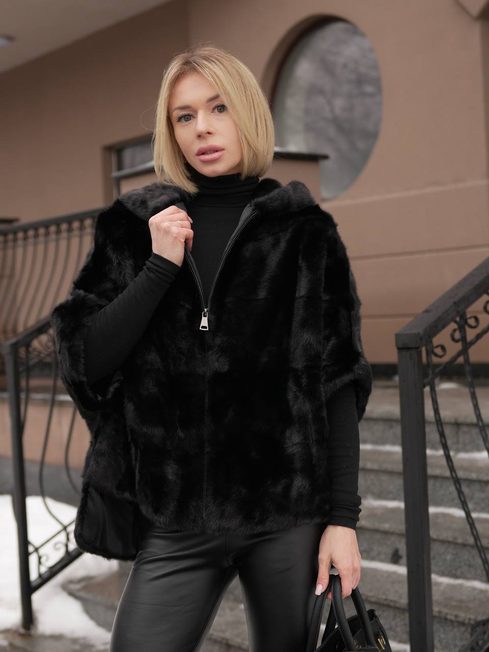 Genuine Scandinavian Mink Fur Poncho with Fully Lined Mink Hood