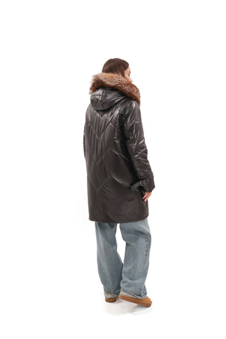 Genuine Fox Fur Trim Mid Length Coat
