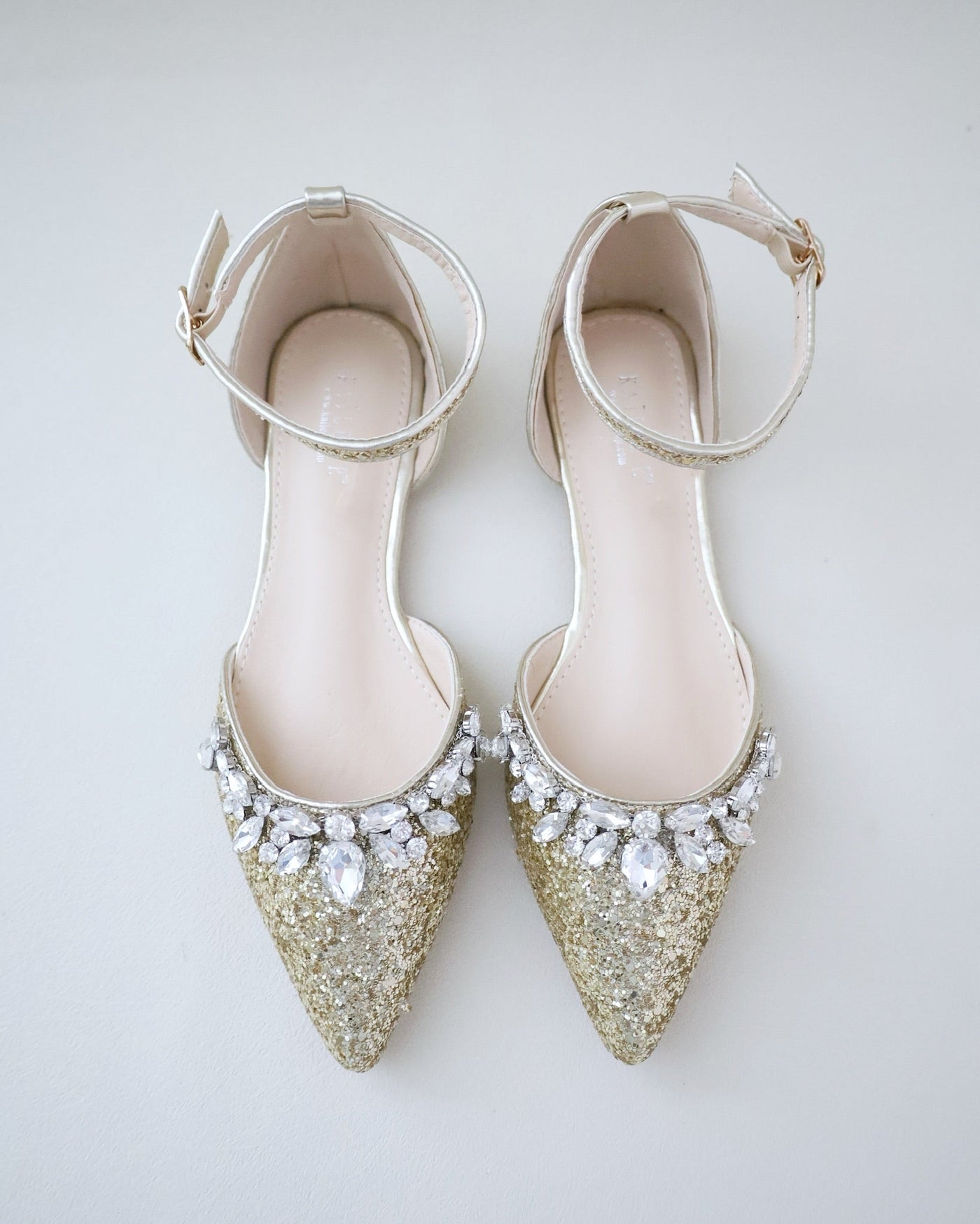 Pointy Toe Glitter Ankle Strap Flats with Teardrop Rhinestones - Glamourous Grace