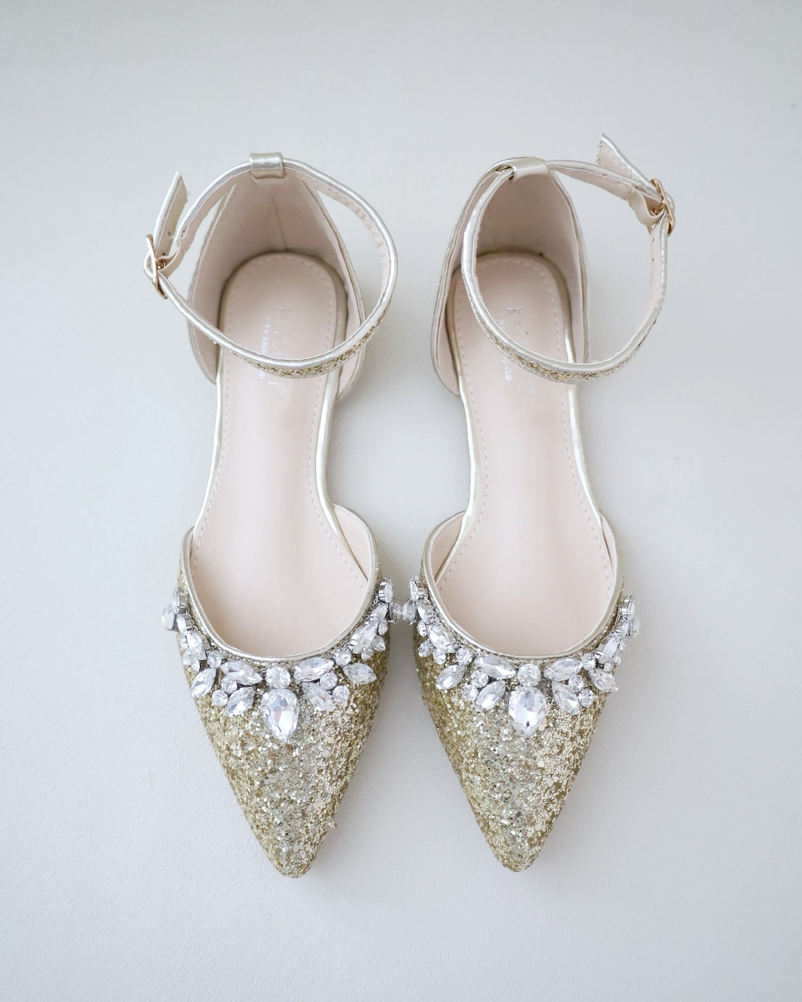 Pointy Toe Glitter Ankle Strap Flats with Teardrop Rhinestones