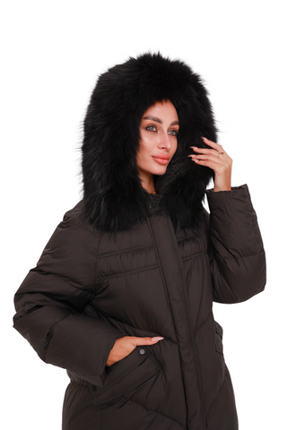 Nellie Genuine Fur Trim Down Fill Coat in Black