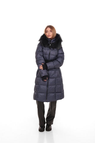 Cyrus Genuine Fur Trim Down Fill Coat in Navy