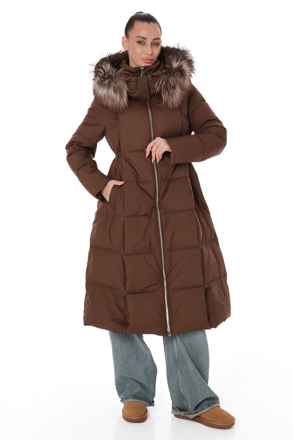 Genuine Silver Fox Fur Trim Down Coat