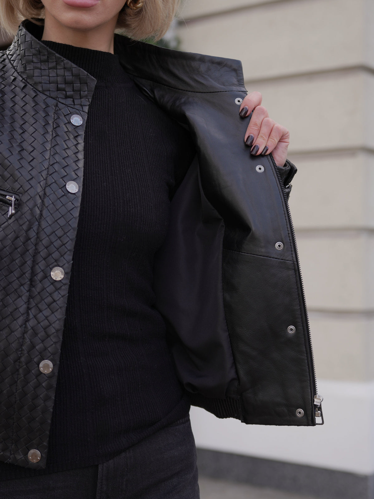 Marlowe Braided Genuine Leather Jacket in Black