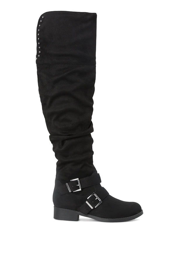 Emanuelle Black Knee Boots With Adjustable Buckle - Glamourous Grace