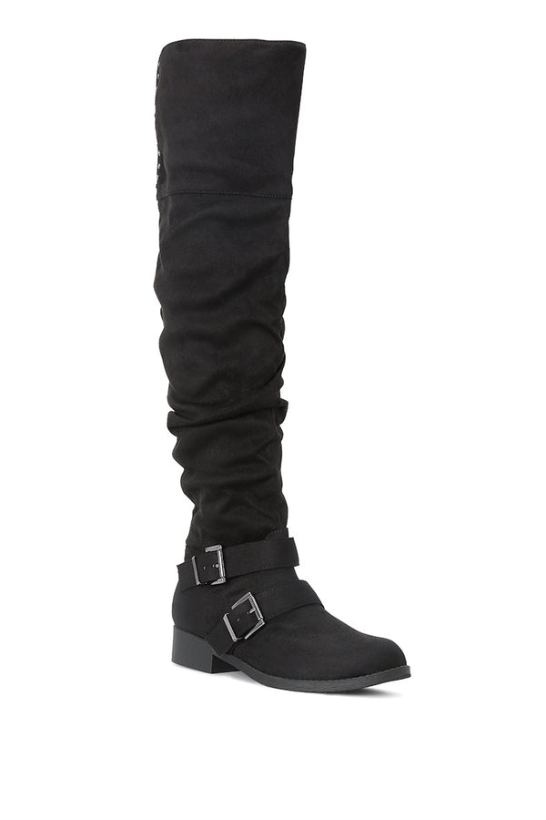 Emanuelle Black Knee Boots With Adjustable Buckle - Glamourous Grace