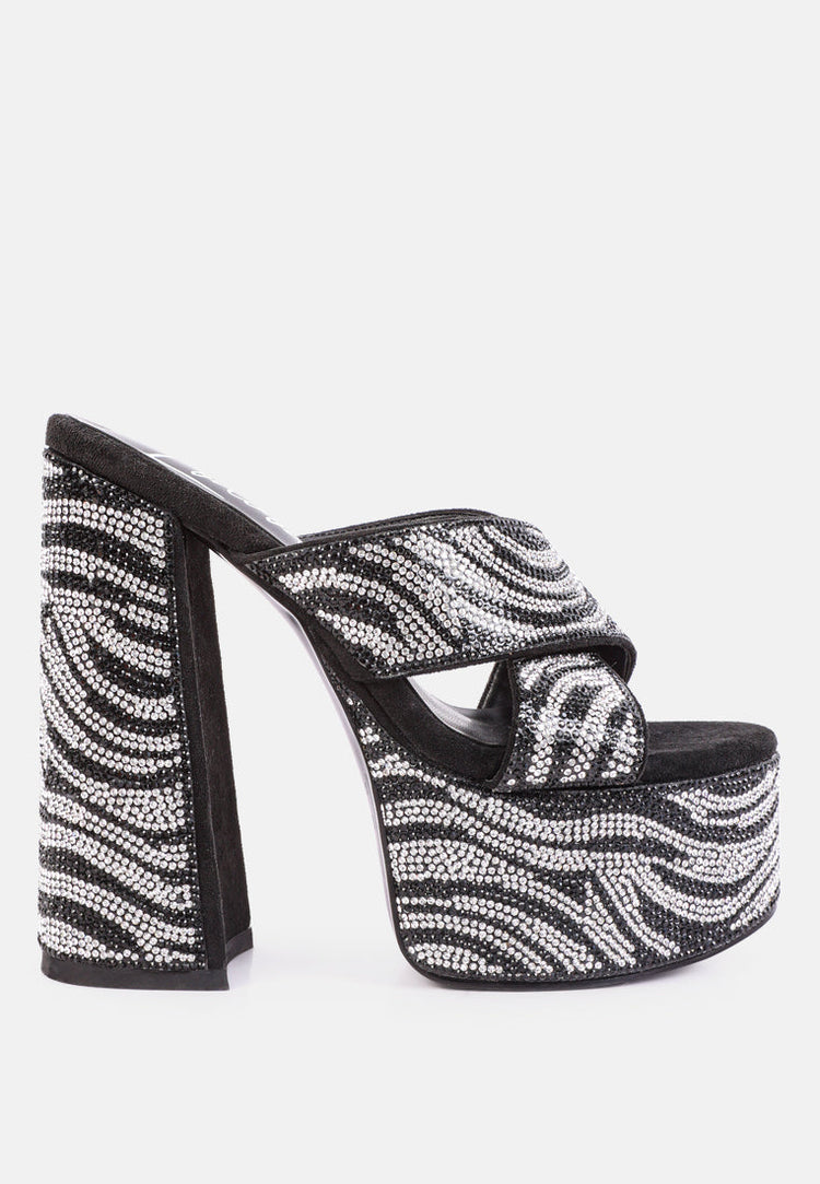 Sinful High Platform Patterned Diamante Slides - Glamourous Grace
