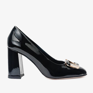 The Ferrara Black Patent Leather Block Heel Pump Women Shoe - Glamourous Grace