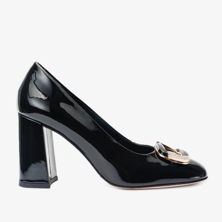 The Ferrara Black Patent Leather Block Heel Pump Women Shoe - Glamourous Grace