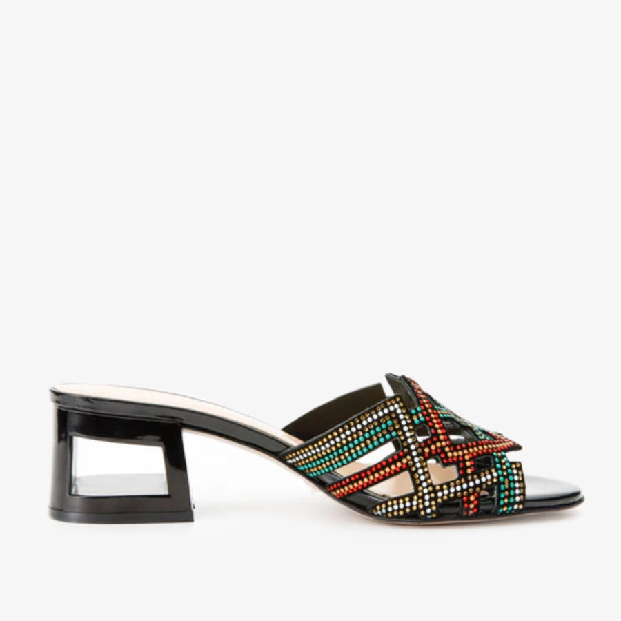 The Palma Black Glitter Leather Block Heel Women Sandal - Glamourous Grace