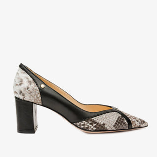 The Toskana Black & Natural Pythn Leather Block Heel Pump Women Shoe - Glamourous Grace