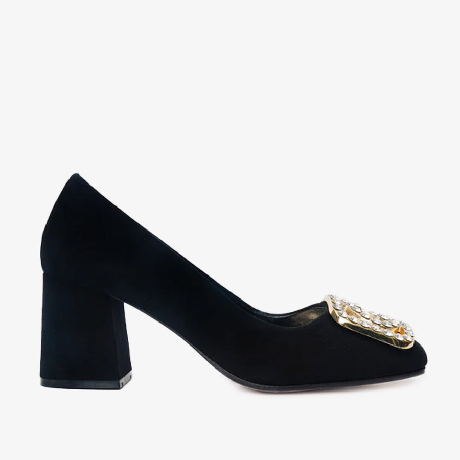 The California Black Suede Leather Block Heel Pump Women Shoe - Glamourous Grace