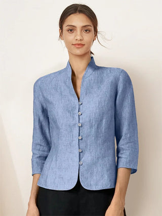 LINTICO 100% linen hand-button fitted jacket, Amelia style, lightweight outerwear with tailored fit and natural linen texture.