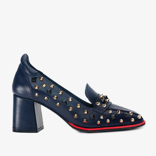 The Infanta Navy Blue Spike Leather Block Heel Pump Women Shoe - Glamourous Grace