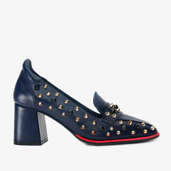 The Infanta Navy Blue Spike Leather Block Heel Pump Women Shoe - Glamourous Grace