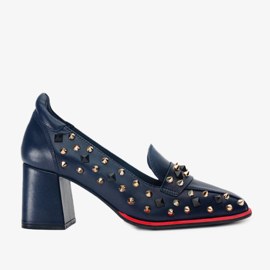 The Infanta Navy Blue Spike Leather Block Heel Pump Women Shoe - Glamourous Grace