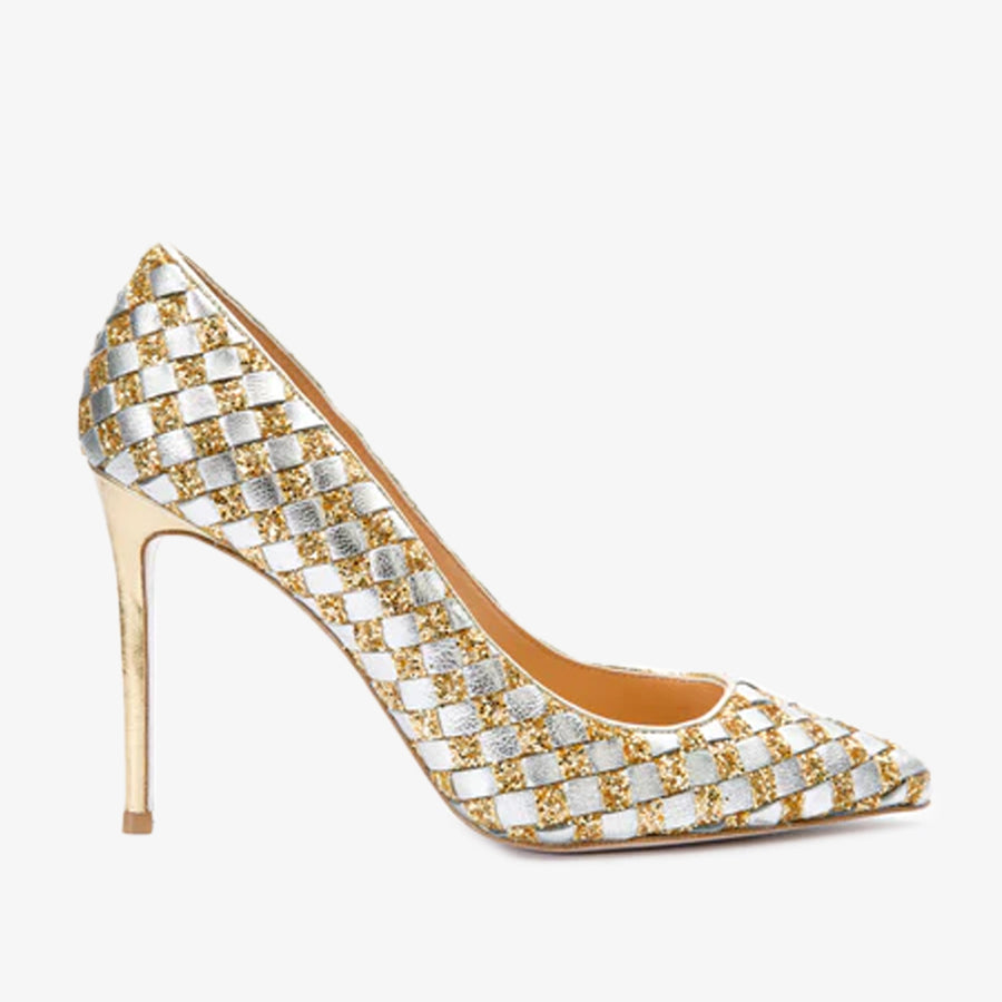 The Saks Tory Gold & Silver Handwoven Leather Pump Women Shoe - Glamourous Grace
