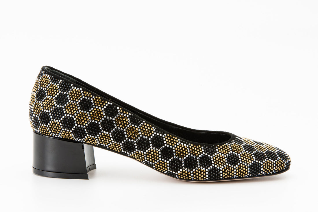 The Doha Gold & Black Glitter Leather Block Pump Women Shoe - Glamourous Grace