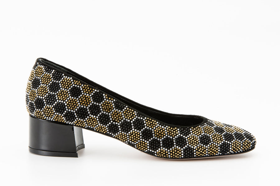 The Doha Gold & Black Glitter Leather Block Pump Women Shoe - Glamourous Grace