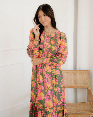 Tinsley Floral Puff Sleeve Smocked Bodice Frill Tiered Dress - Glamourous Grace