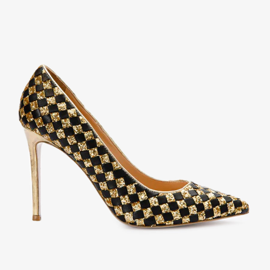 The Saks Tory Gold & Black Handwoven Leather Pump Women Shoe - Glamourous Grace