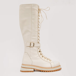 The Istinye Cream Leather Knee High Lace-Up Women Boot Limited Edition
