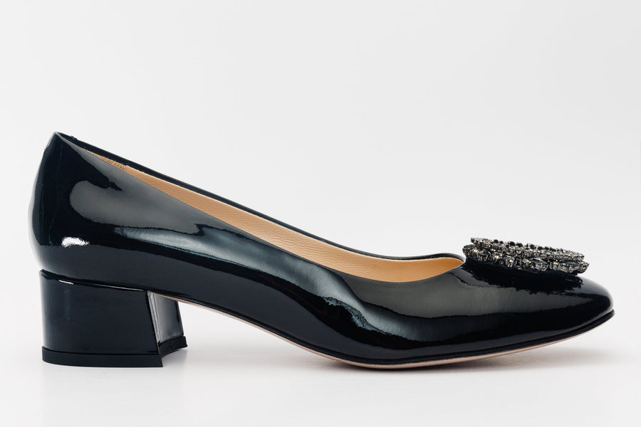 The Danish Black Patent Leather Block Heel Pump Women Shoe - Glamourous Grace